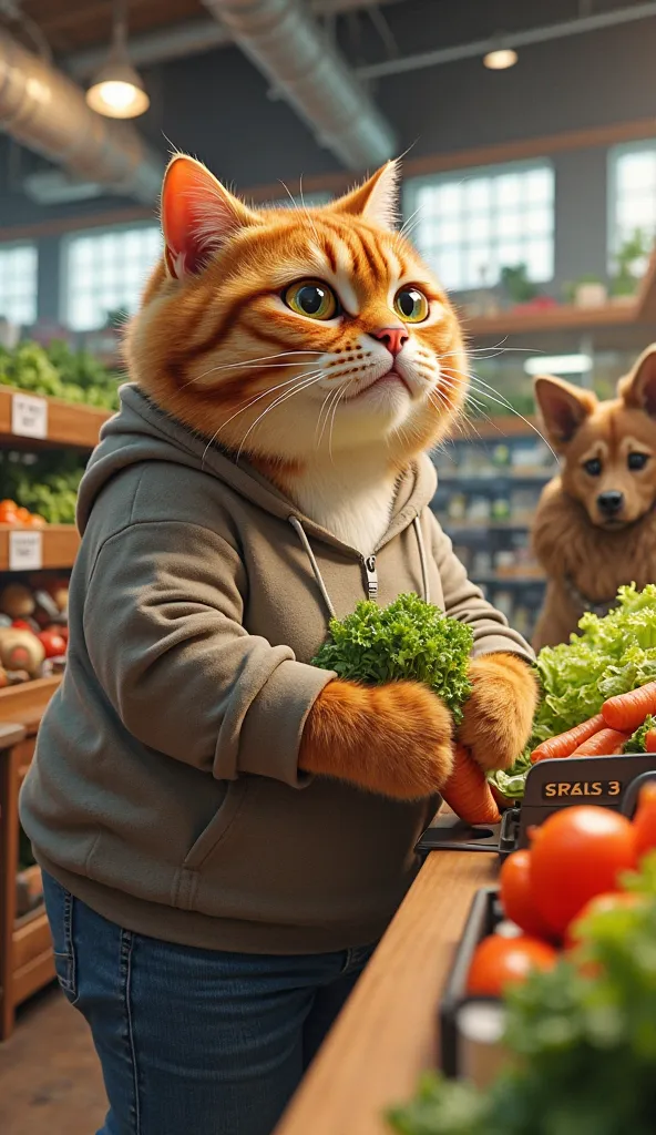 "A realistic, chubby, oversized anthropomorphic cat with thick, fluffy fur and an expressive face stands at a supermarket checkout counter, placing fresh vegetables—carrots, tomatoes, and lettuce—onto the counter. The cat wears a casual hoodie and jeans, a...