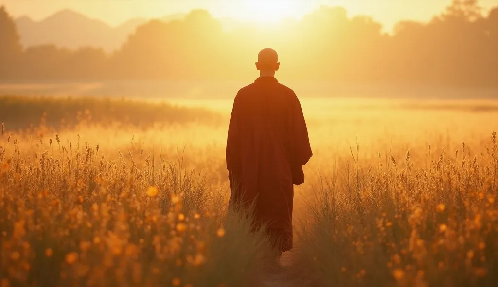 "A calm, reflective scene of a monk walking through a field of tall grass, the soft golden light of the sunset reflecting off the grass. The monk’s robe flows gently with the breeze, symbolizing mindfulness in every step."

