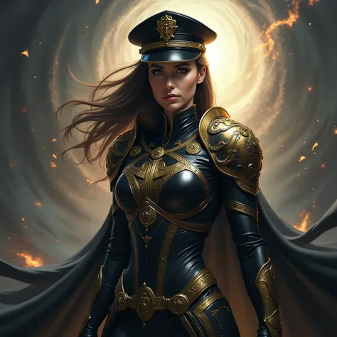 Use mir4 darkist class as guide. Make a image size 1:1 of a female darkist in black and gold armor. Make her wear a captain hat and has aura around her. Make her look fierce and using black magic