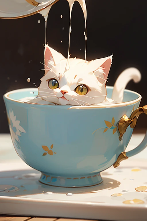 ((best quality)）A picture of a cute cat trying to take a bath by pouring its own hot water into a teacup about the size of its own body
