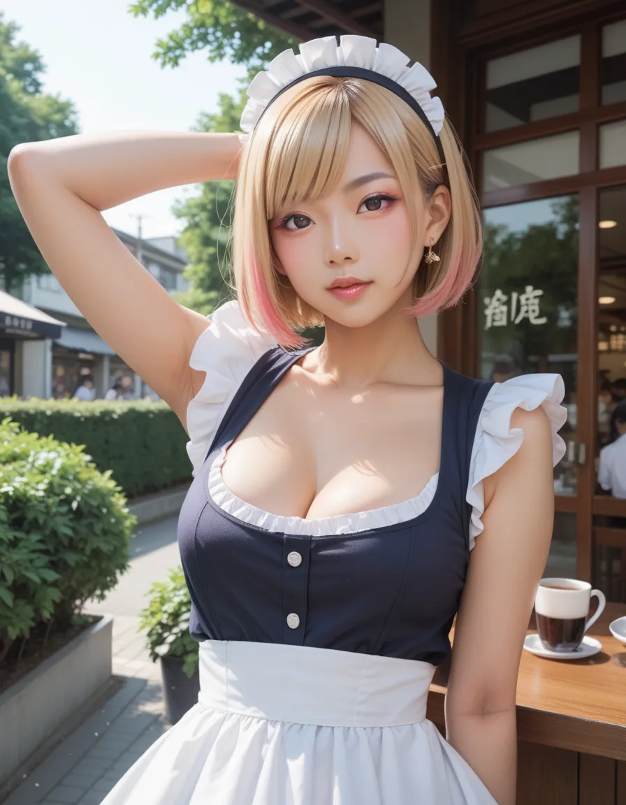 score_9, score_8_up, score_7_up, ultra realistic, high resolution, japanese female, gyaru, tareme, short hair, swept bangs, arm behind head, dark armpit, maid cos, upper body, front view, outdoor, cafe, tree