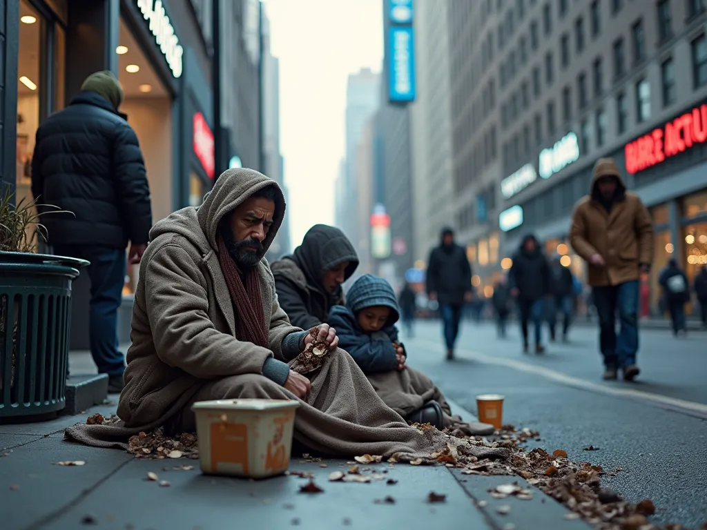 A powerful and realistic depiction of the challenges related to UN Sustainable Development Goal 1 (No Poverty). In the foreground, a homeless family sits on the cold pavement, wrapped in torn blankets, their faces filled with despair. Beside them, an empty...