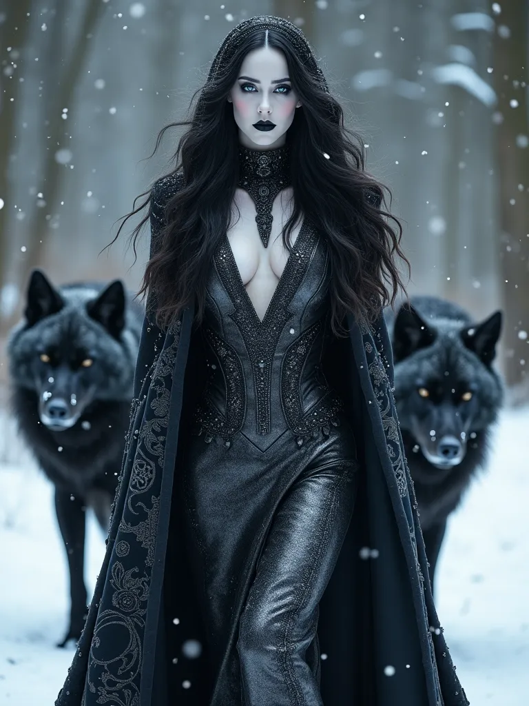 highly detailed portrait, close up of white pale face gothic stunning goddess with glaze blue eyes, long flowing black metallic hair in glowing dark silver wool felt  haute couture royal regalia, high collar shinny silver cloak, open robe showing cleavage,...