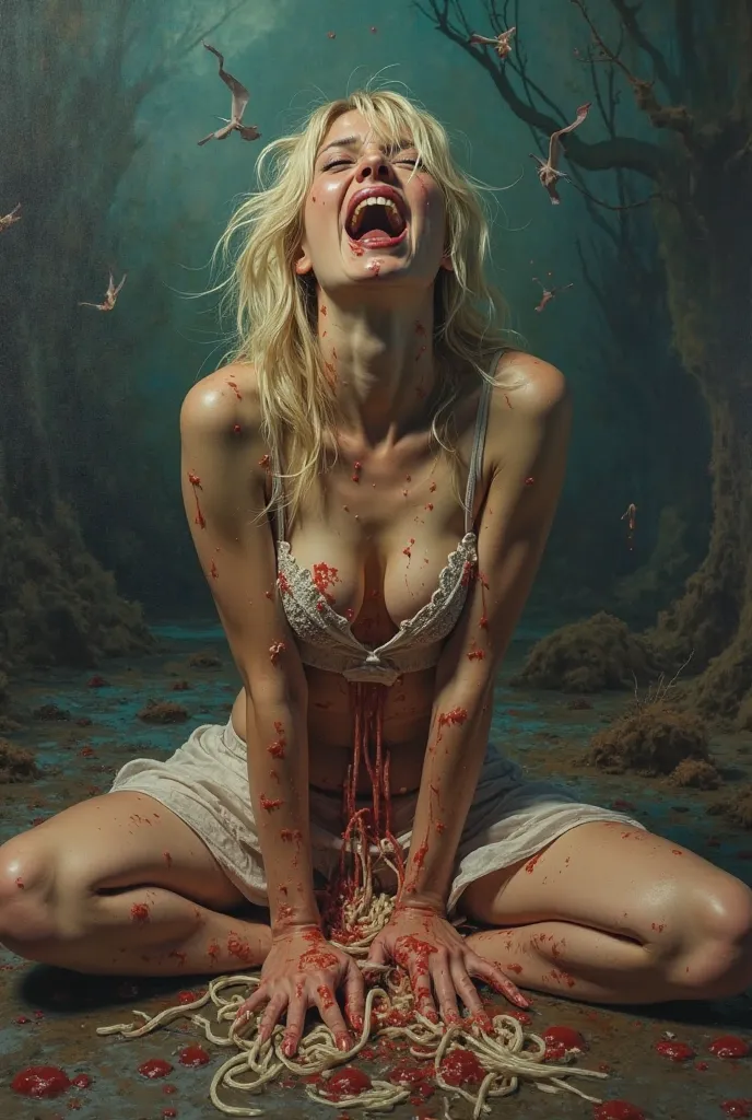 Blonde woman having major screaming orgasm, peeing, pooping, cum maggots directly between spread legs from under white skirt, hyper realistic, 8k, masterpiece, ultra detailed, physically-based rendering, vivid colors, landscape, fantasy, still life, dark, ...