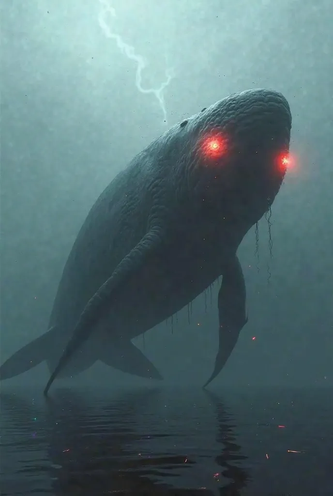 Create a video of a giant whale with fiery red eyes