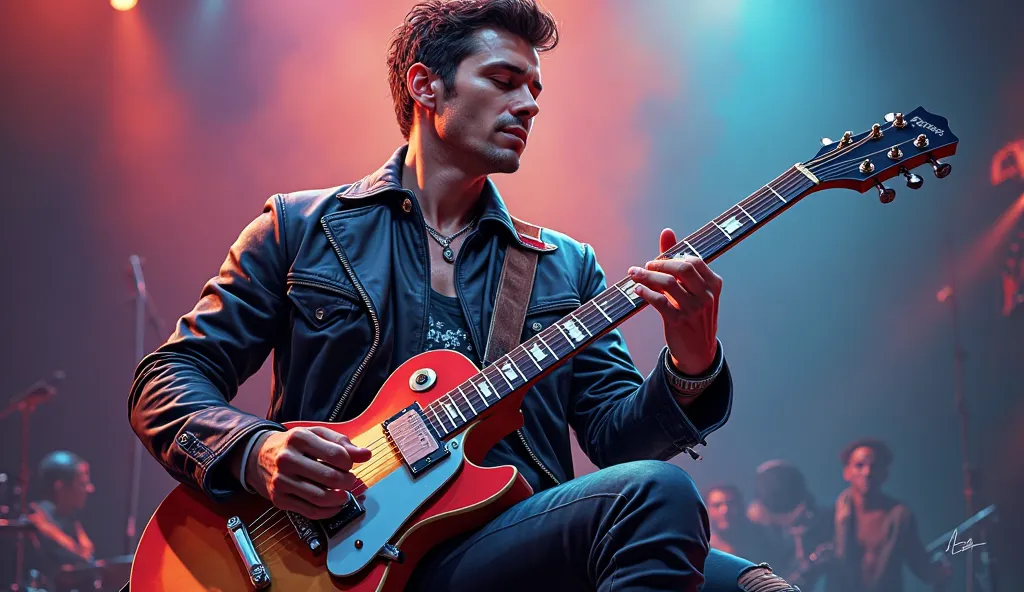 "Draw an illustration of a cool male guitarist playing an electric guitar. His face should reflect your preference for realistic, semi-realistic, or stylized artistic styles. He should have a confident, passionate expression, immersed in the music. The bac...