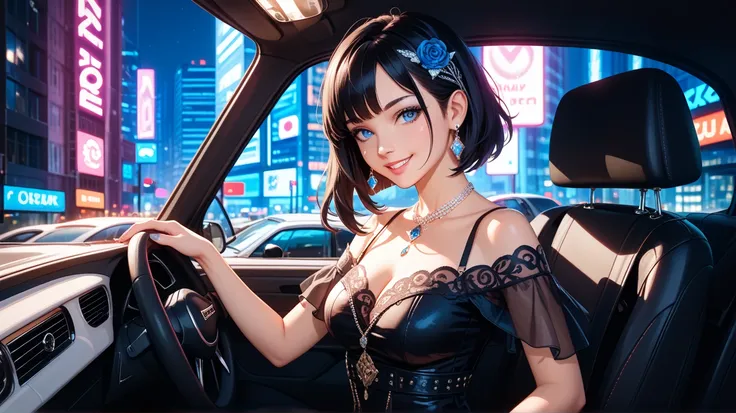 A stunning anime-style illustration of a beautiful young woman with long, silky black hair and mesmerizing blue eyes. She is elegantly seated in the luxurious front passenger seat of a high-end car, gazing directly at the viewer with a soft, charming smile...