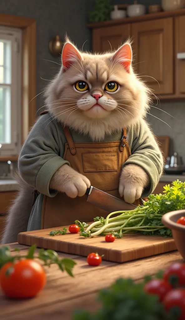 "A realistic, chubby, tall oversized anthropomorphic cat with thick, fluffy fur and an expressive face stands in a cozy kitchen, chopping fresh vegetables on a wooden cutting board. The cat wears a chef’s apron over its casual   and its big, soft paws skil...