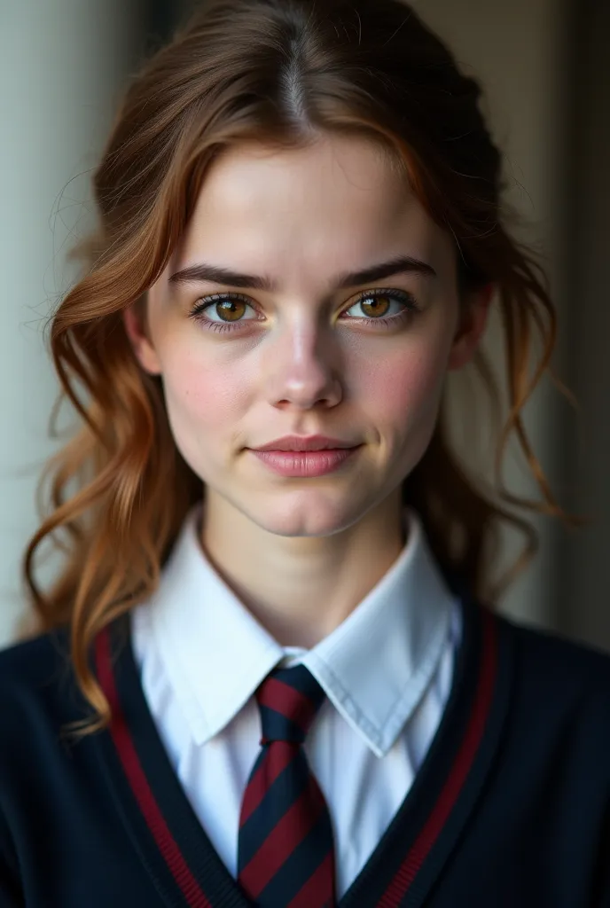 beautiful face of an English woman who resembles Emma Watson, brown eyes,  Hair, school blazer and school tie