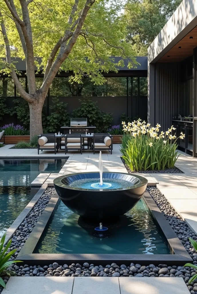 Architectural professional 3D rendering of the plan design of the space in the garden in a very modern and very minimal and very luxurious style with a  black blue stone bowl in dark blue in the middle of which is a blue fountain and this pond is connected...