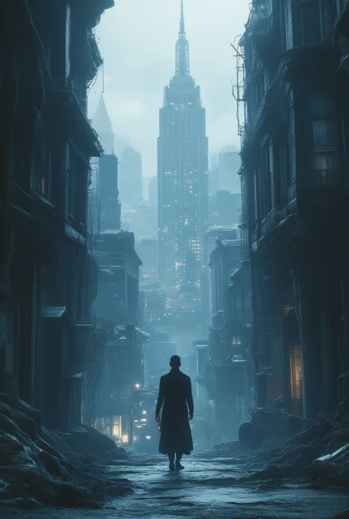 Low angle image, Man entering a city, Gray and blue colors 