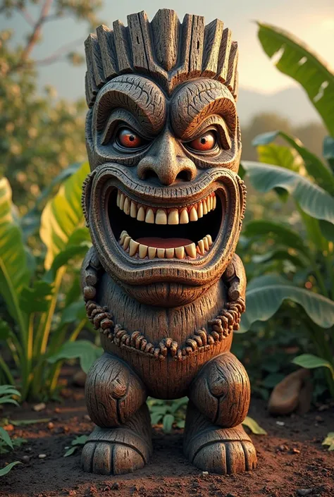 a front photo of a Hawaiian tiki statue head, full wood, menacing smile, aggressive and imposing statue, realistic