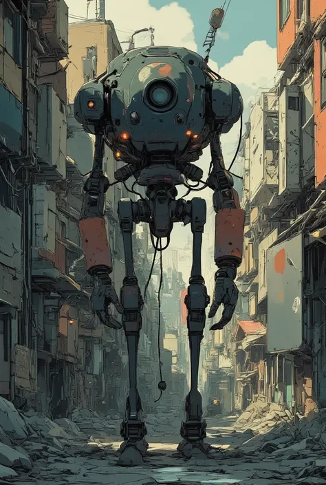 Abandoned mech。A robot wandering through the back alleys of a city。The robot can check the whole body、facing the front。The robot's head is integrated with the torso、No neck。No nose or mouth, 2、One small linear camera eye。Two hands。Two legs。cable is visible...