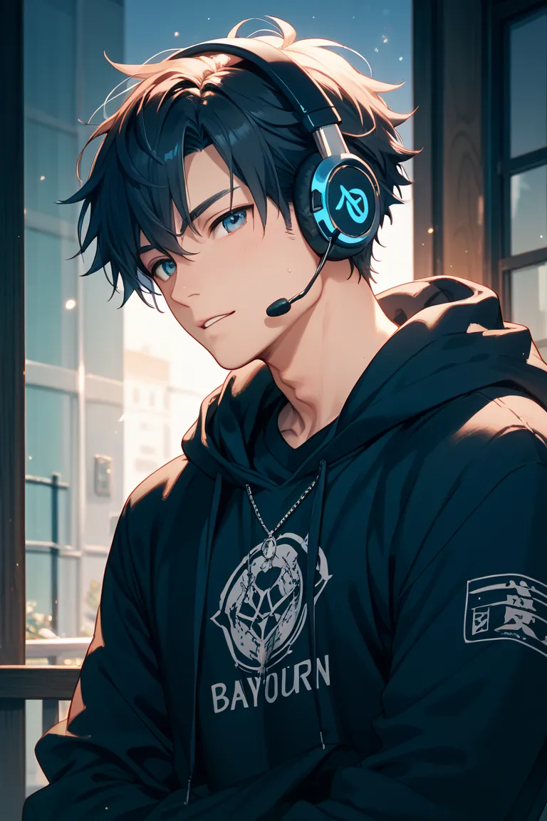 Man wearing a black hoodie with headphones on a moonlit night Japanese anime style illustration