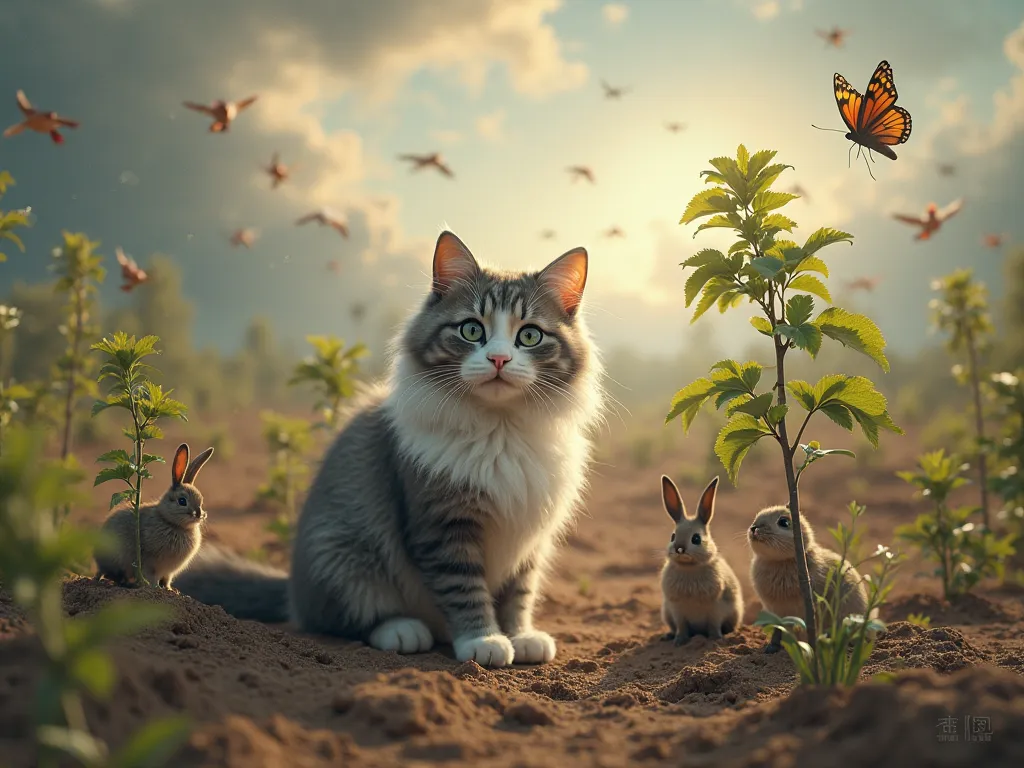 :
"A highly detailed, ultra-realistic fluffy gray and white cat with expressive eyes, sitting in the middle of barren land where small trees and green sprouts are beginning to grow. The background remains mostly dry and cracked, but now tiny saplings stand...