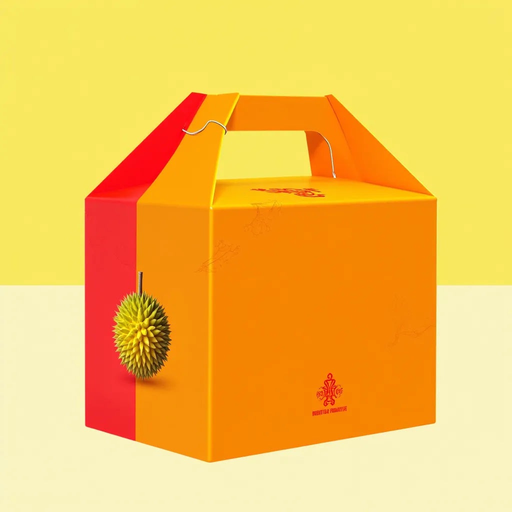 A Box with handle with a piece of durian inside, packaging design main colors in red and yellow, the customer can see durian in box