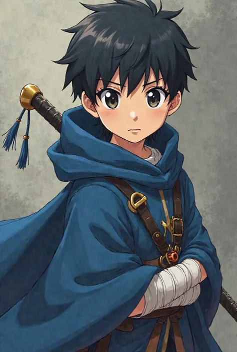  Create in anime style, a boy in a blue robe,  with a sword in his scabbard, knowing the king of the castle who was a friend of his deceased father, The boy has black hair with bandaged arms, Blue cloak, He is a seven-year-old  and the king is already old,...