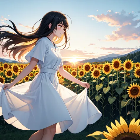 (masterpiece:1.3, best quality:1.3, ultra detailed:1.2)
(beautiful young japanese girl:1.4, long black hair:1.2, white summer dress:1.2)
(sunflower field:1.3, golden sunflowers:1.3, summer:1.2)
BREAK
(side profile:1.2, gentle smile:1.2, peaceful expression...