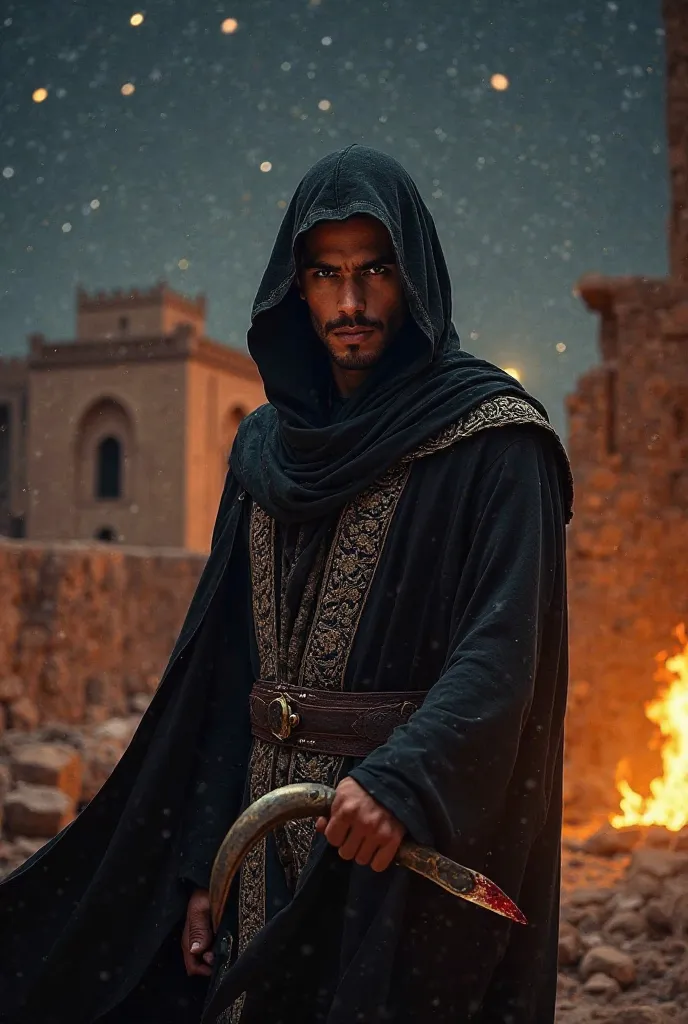 “A dark and atmospheric scene set in ancient Morocco during the Almoravid era. A young, handsome warrior with piercing eyes stands in the foreground, wearing a flowing black hooded robe with intricate Arabic embroidery. His face is partially shadowed, reve...