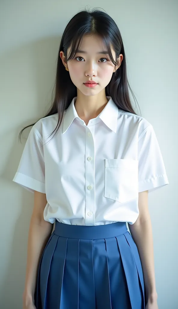 ((Realistic photography))、((full body))、((japanese girl school uniform)),(white shirt), (blue Pleated Skirt)　 cute　1 person　photograph　 real 　Actual item　Slightly pimpled face before menstruation　photograph　Advertising materials
Slightly pimpled face　Glowi...