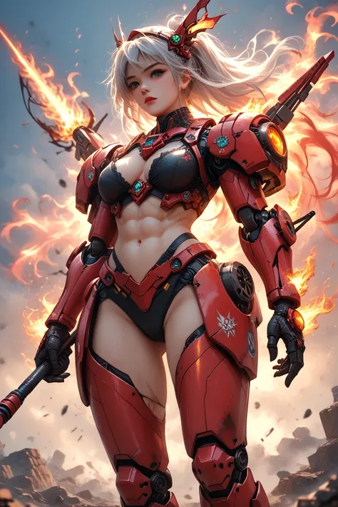  masterpiece, best quality, high res, perfect lighting, absurdres,soldier, female warrior,mecha hand, An 25-year-old beautiful Nezha soaring, wearing a powerful mech shoulders, holding a flaming spear, with (two burning wheel-shaped mech flying devices bel...