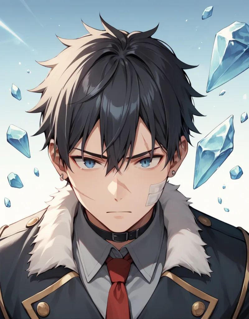 greatest masterpiece, highest quality,  Aori composition,View from above,Riosesri, 1 boy, Focus on Men, Alone, Blue grey eyes,  black hair, hair between their eyes, short hair,  black hair,Gray Mesh, scar, scar on neck, jewelry, earrings, choker, tie, red ...