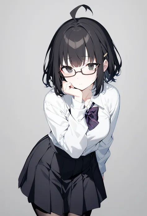 1 girl, Alone, cute, short hair, dark black hair, clip in hair, ahoge, glasses, black ribbon at the neck, white shirt, black short skirt, black tights, pale skin, black eyes, big eyes, sleepy face, cute pose (school uniform), (Gray background, simple backg...