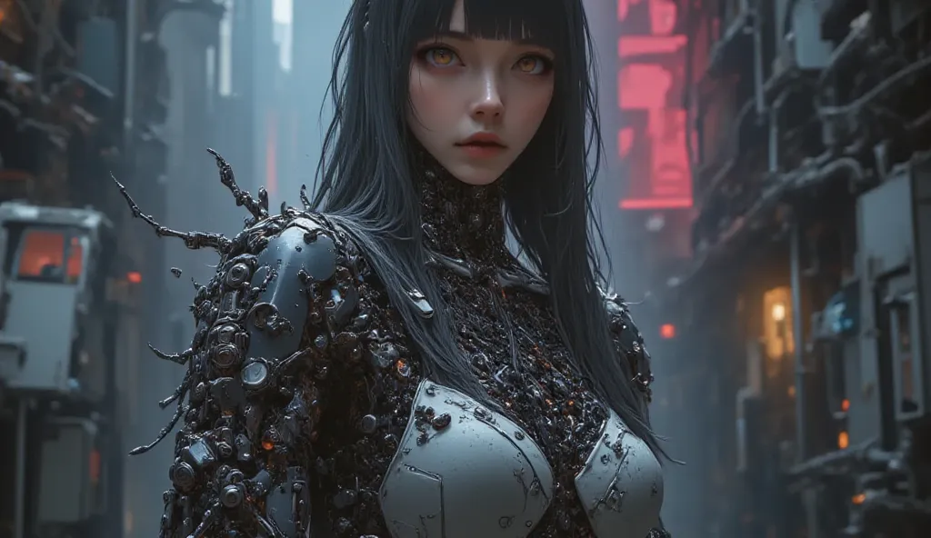 “A stunningly beautiful female android in an ultra-detailed, hyper-realistic cyberpunk scene. Her upper torso, from the ribs upward, is exquisitely human—smooth, flawless skin, captivating eyes, and delicate, lifelike features—while the rest of her body is...