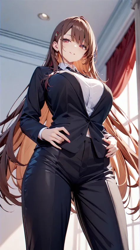 （masterpiece、highest quality、very detailed、8K wallpaper、real）、1 girl、slender on the background、 popup、big breasts、 plump breasts、straight hair、Brown hair、long hair、top and bottom black suit 、top and bottom black pantsuit、The suit is made of 100% wool%、blac...