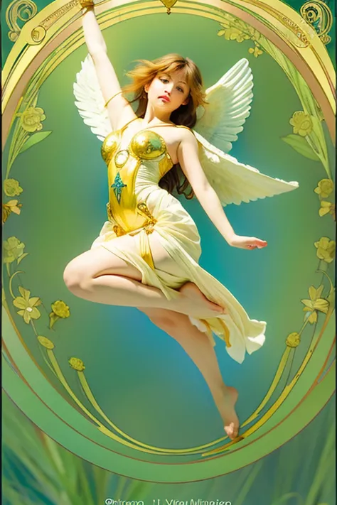 ((best quality)）Draw a beautiful angel flying down from the sky in the style of Alphonse Mucha
