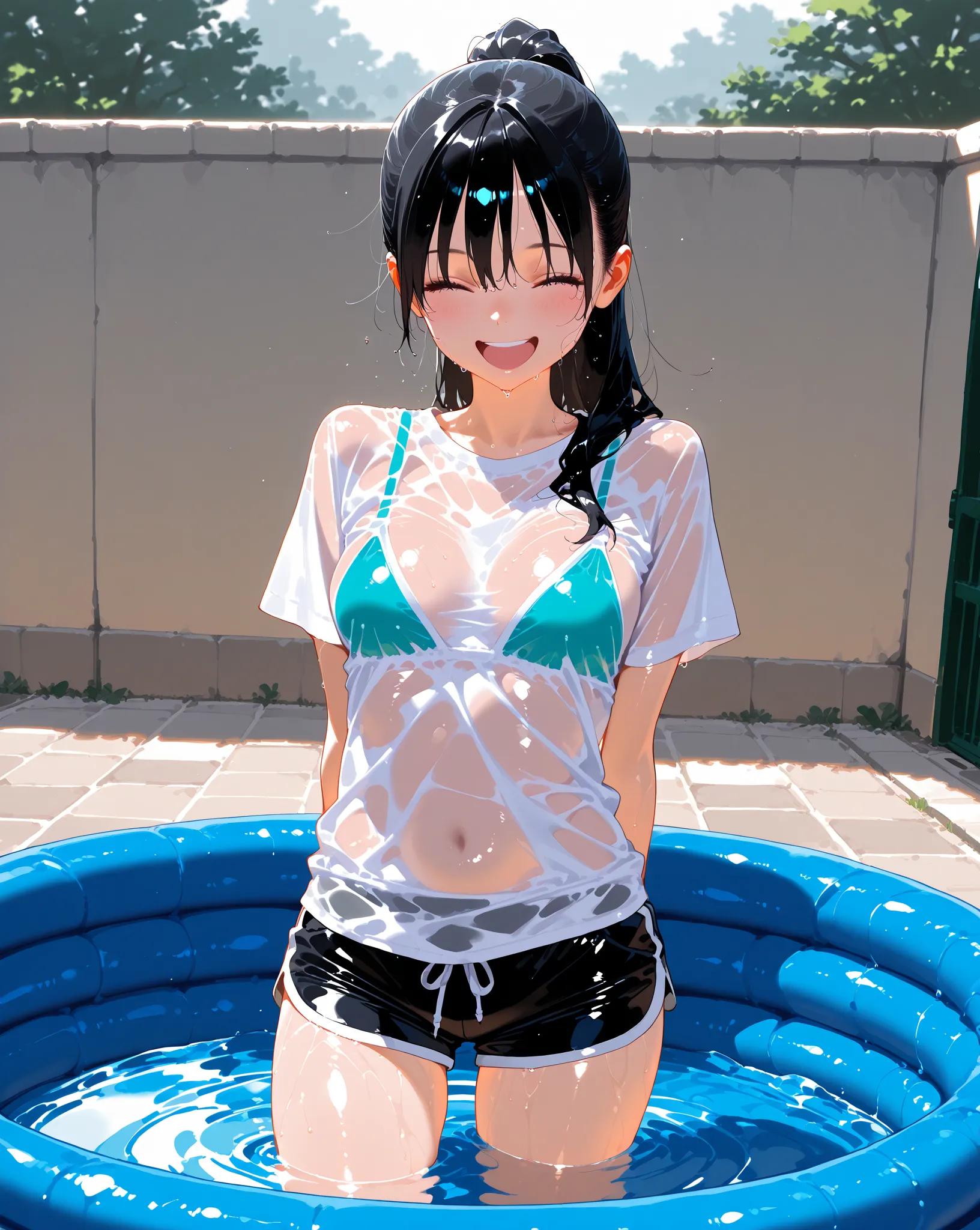 masterpiece, best quality, amazing quality, hyper-detailed, realistic, 1girl, wet, wet hair, wet clothes, wet skin, very wet skin, shiny skin, shiny clothes, Suchwet, detailed background, black hair, long hair, ponytail, school, courtyard, wading pool, wat...