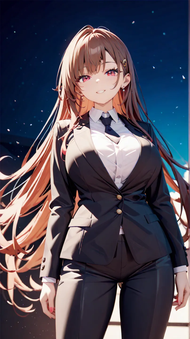 （masterpiece、highest quality、very detailed、8K wallpaper、real）、1 girl、slender on the background、 popup、big breasts、 plump breasts、straight hair、Brown hair、long hair、top and bottom black suit 、top and bottom black pantsuit、The material for both the top and b...