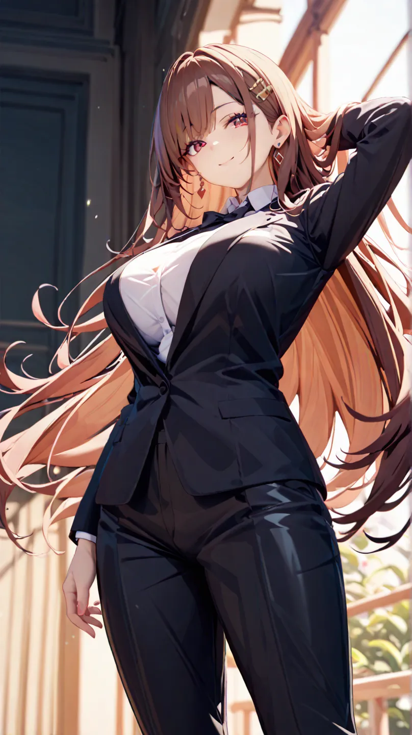 （masterpiece、highest quality、very detailed、8K wallpaper、real）、1 girl、slender on the background、 popup、big breasts、 plump breasts、straight hair、Brown hair、long hair、top and bottom black suit 、top and bottom black pantsuit、The material for both the top and b...