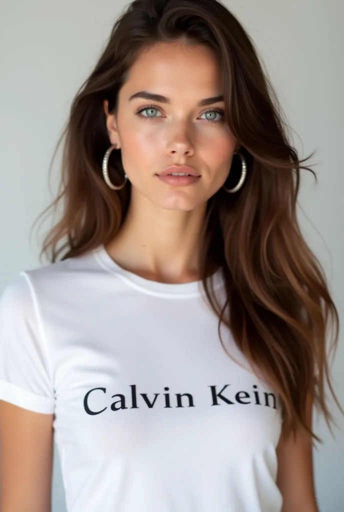 A breathtaking young woman with long, slightly tousled, silky brown hair, piercing blue eyes, and full glossy lips. Her complexion is flawless, with a subtle sun-kissed glow, and she wears elegant silver hoop earrings. She is dressed in a fitted white t-sh...