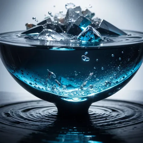 crystal, water, fluid, stillness, levitation, scattered minerals, atomization, sensation,