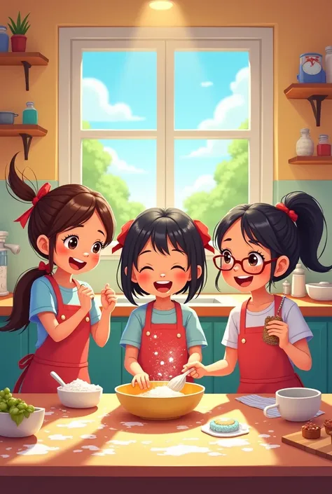 A group of five cartoon character girls  making food in the  kitchen