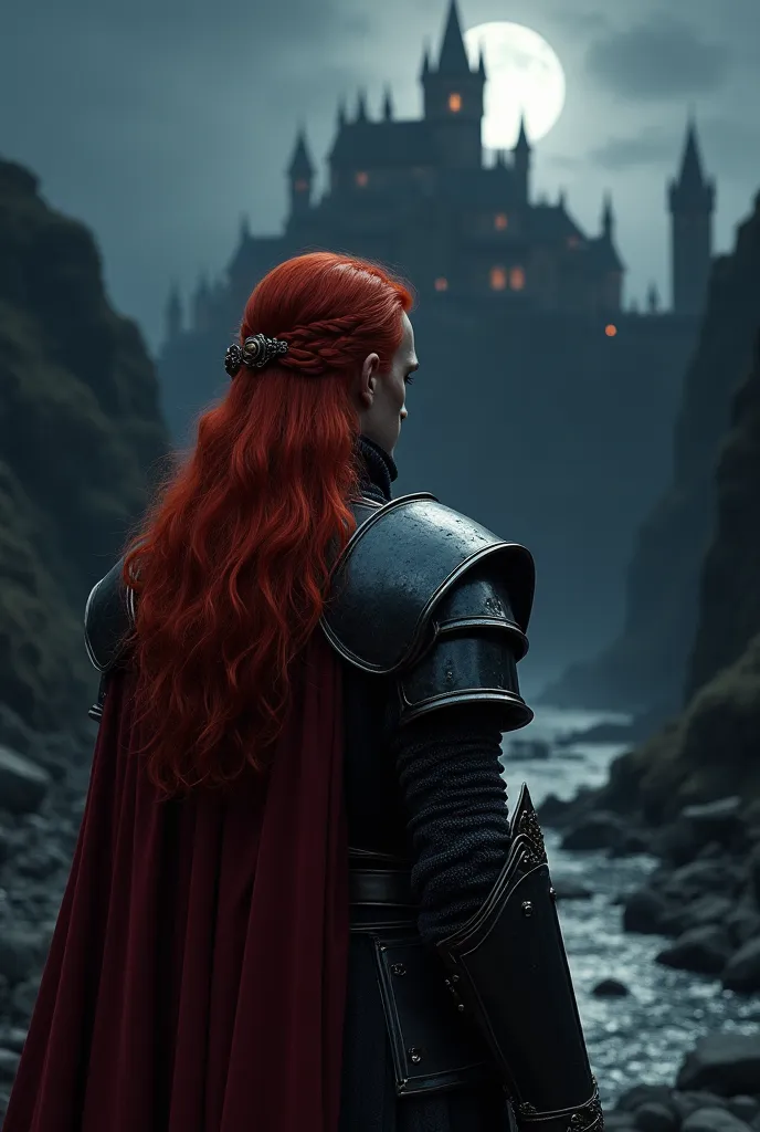 "A red-haired, thin man,  with intense red eyes , with long hair falling down to his shoulders. He wears the imposing armor of a lord, reflecting the pale glow of the moon. The scene unfolds at night, with the dark silhouette of a castle rising majesticall...