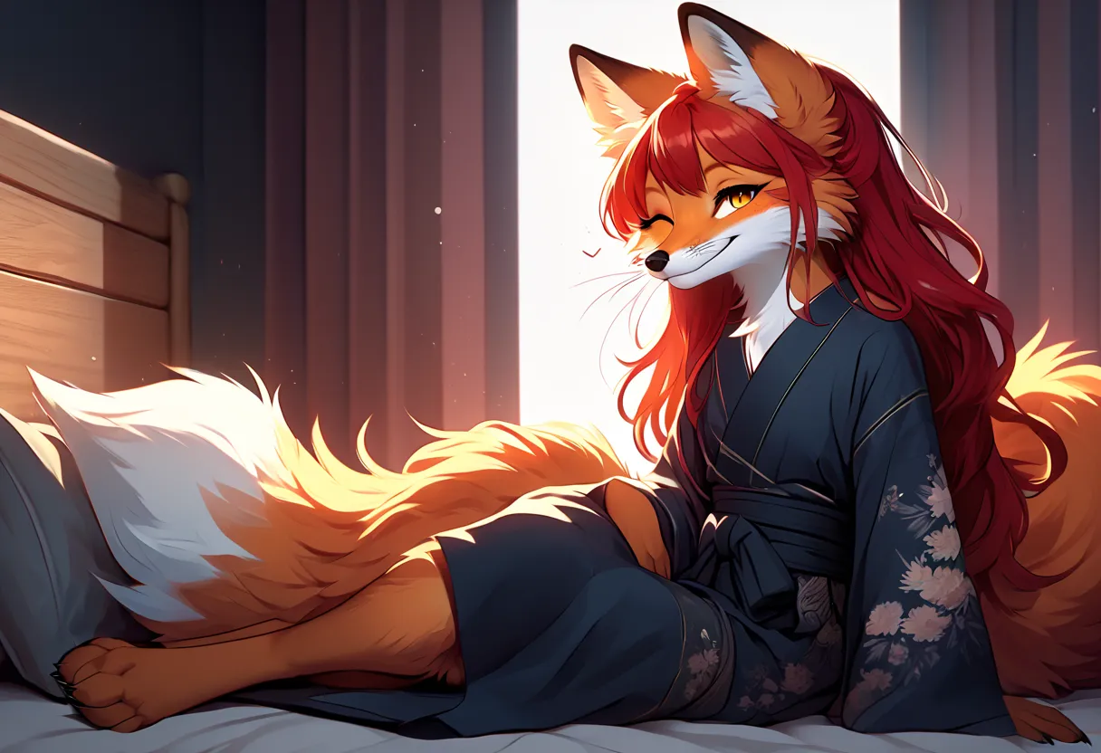 Solo、unpralleled masterpiece、Detailed、 Beautiful、 score_9、 score_8_up、 score_7_up、moody atmosphere、mysterious、fox、anthro、furry、female、orange fur、(long hair、beautiful hair、scarlet red hair、side swept hair、bangs)、yellow eyes、(tuft of fur)、(digitigrade、claws、...