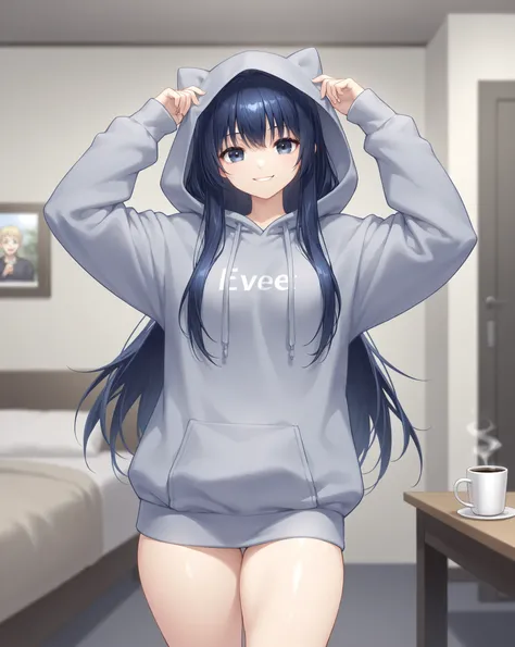 best image quality、Ultra-clear、highest resolution、 best thighs、dark blue hair、dark blue eyes、hoodie、smile、The best face、garden、Bedhead、coffee、long hair、1 woman、E Cup