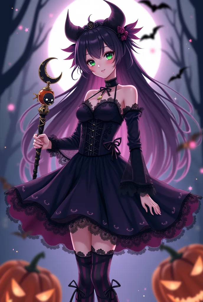 01 anime-style woman in Halloween-themed clothing:
She has delicate and expressive features, typical of the anime style. Her eyes are large and bright, with a vibrant color, such as an emerald green or deep purple, which contrasts with the dark theme of Ha...