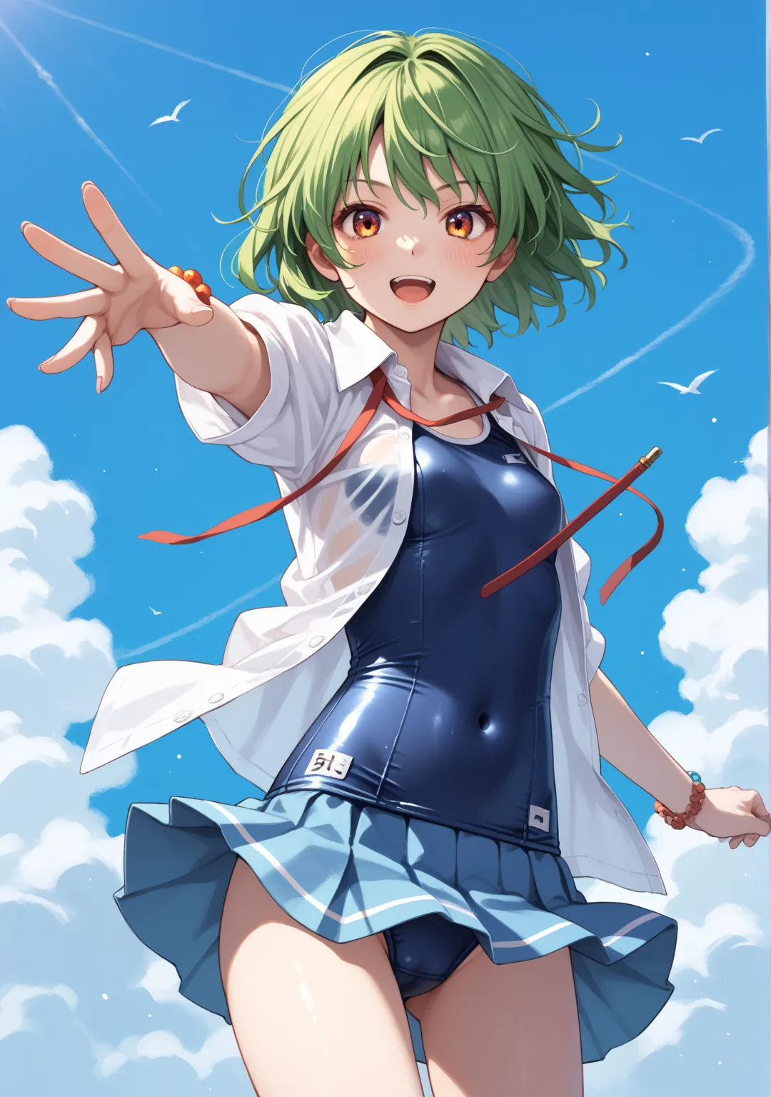 Koishi_Komeiji, Touhou, female, short_green_hair, school_swimsuit, inner_wear, white_shirt, unbuttoned_shirt, skirt, flipped_skirt, revealing_clothes, playful, cute, detailed_background, anime_style, colorful, dynamic_pose, DAGASI style