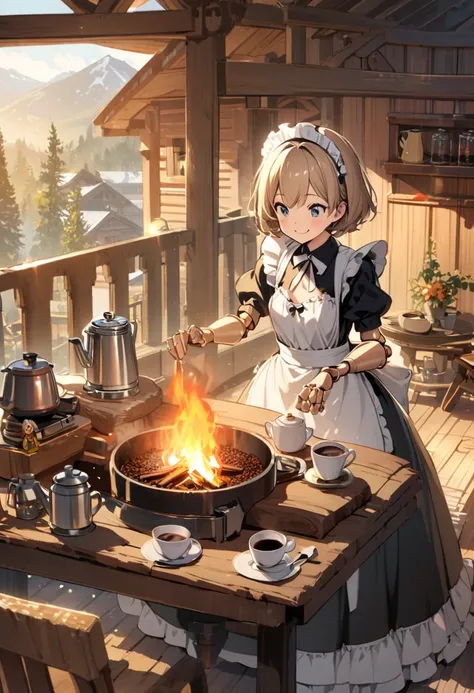  more detailed illustrations , One person, cute,  small tits,  Gold, maid clothes,  ,  doll joints, Brewing coffee, Morning Coffee, ENERGETIC,  best smile, log house,  balcony, grace,  table, Bonfire, 