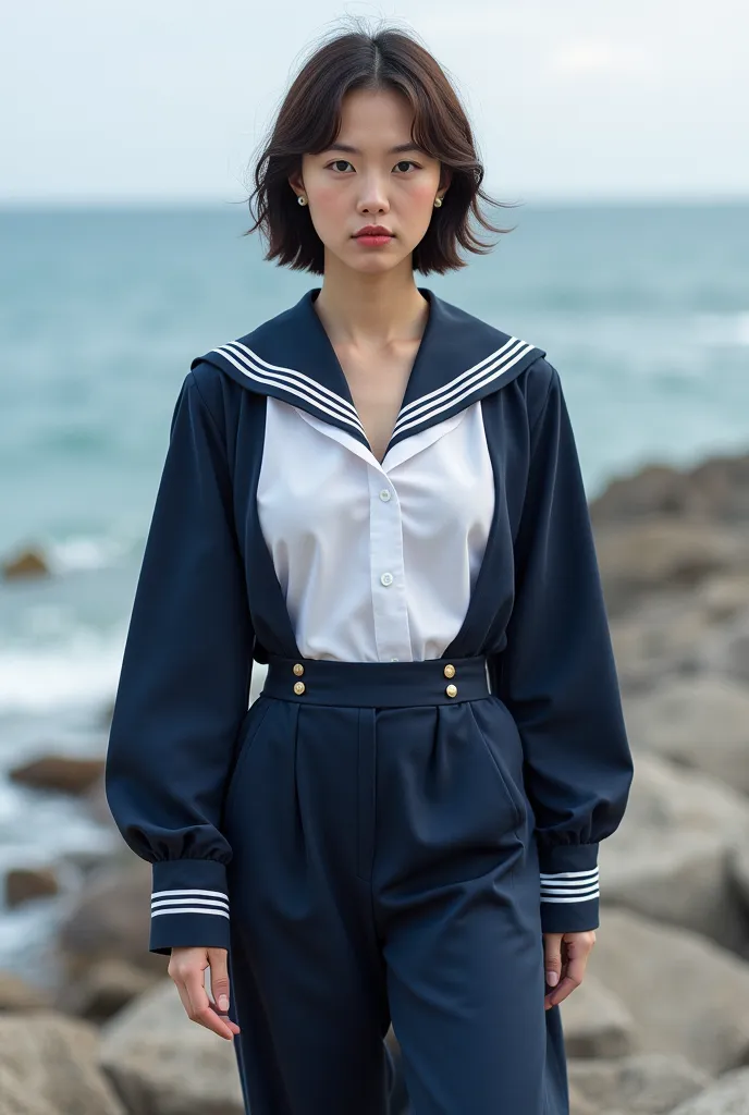 Long brown long sleeve sailor suit with dark blue sleeves