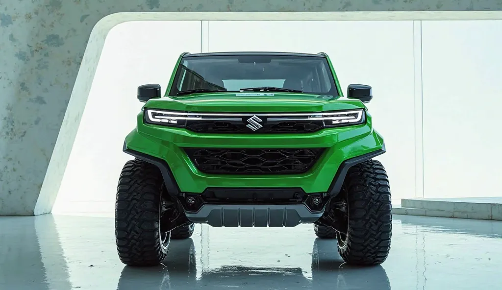 A Stunning front view of 2025  Suzuki Jimny c green in pristine showroom 