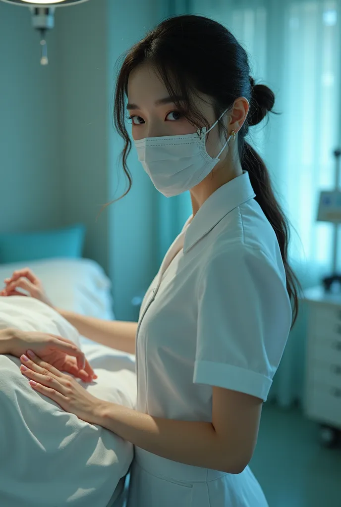 sexy professional asian nurse wearing short skirt while caring for a patient but not looking at the camera, she is sweating and wearing a mask on her face