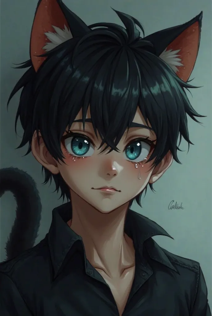 Wren Williams - half vampire, half black cat hybrid (ears and tail), steel blue eyes, male, short black hair, shy, innocence, hyper realistic, normal face proportions, attractive, lonely, emotional, youth bbut mature looking, realism style, crying, tearful...