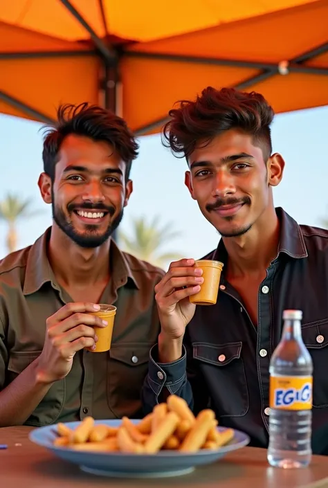 two men standing under a tent eating food and drinking, ghutra and egal, candid photograph, very artistic pose, very very low quality picture, edited, artistic pose, candid picture, with village, competition winning, student, photo taken in 2 0 2 0,  post,...