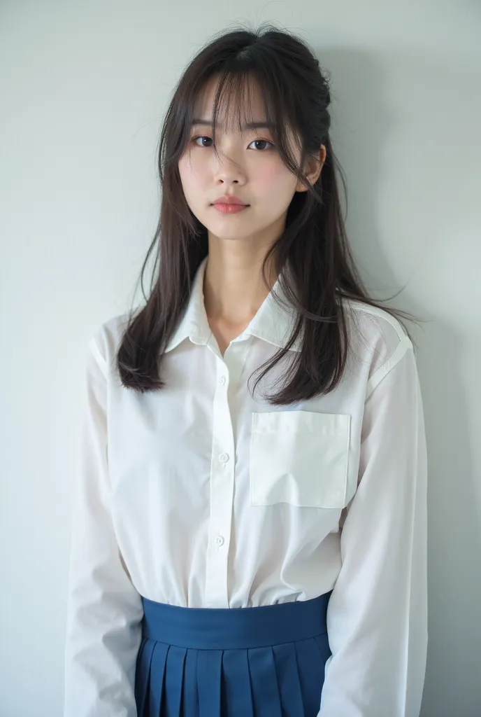 ((Realistic photography))、((full body))、((japanese girl school uniform)),(white shirt), (blue Pleated Skirt)　 cute　1 person　photograph　 real 　Actual item　Slightly pimpled face before menstruation　photograph　Advertising materials
Slightly pimpled face　Glowi...