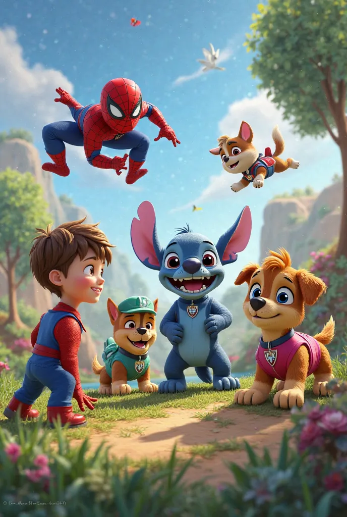 Stitch, Paw Patrol dogs, Spider-Man and Huck