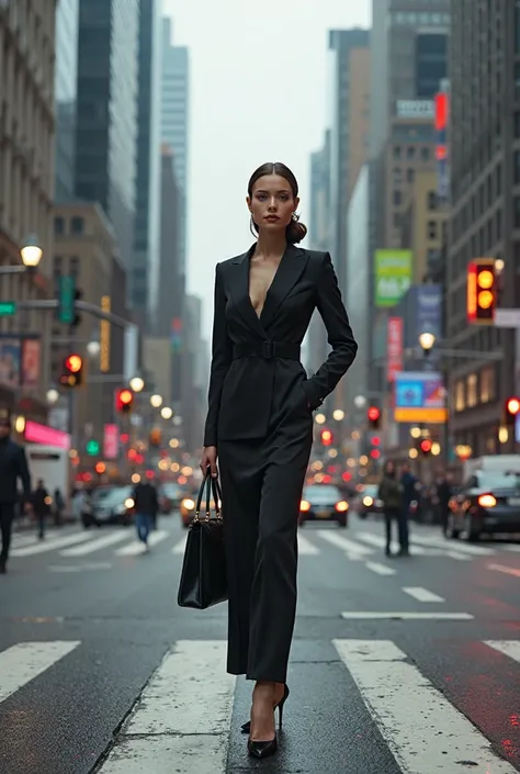 An elegant woman in traffic in the middle of the city with several traffic lights and cars and she is on top of the crosswalk.